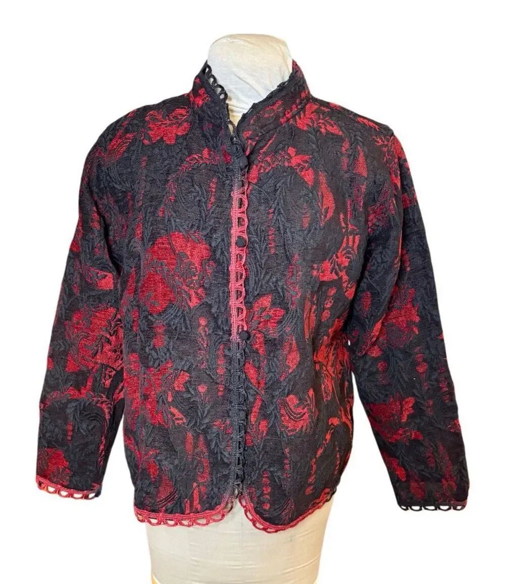 Choices Vintage Jacquard Floral Jacket Mandarin Collar Large Lace Overlay Event